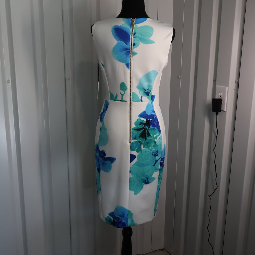 Calvin Klein Women's White Blue Teal Scuba Sheath Dress Sleeveless Size 4 NWT - Picture 3 of 9